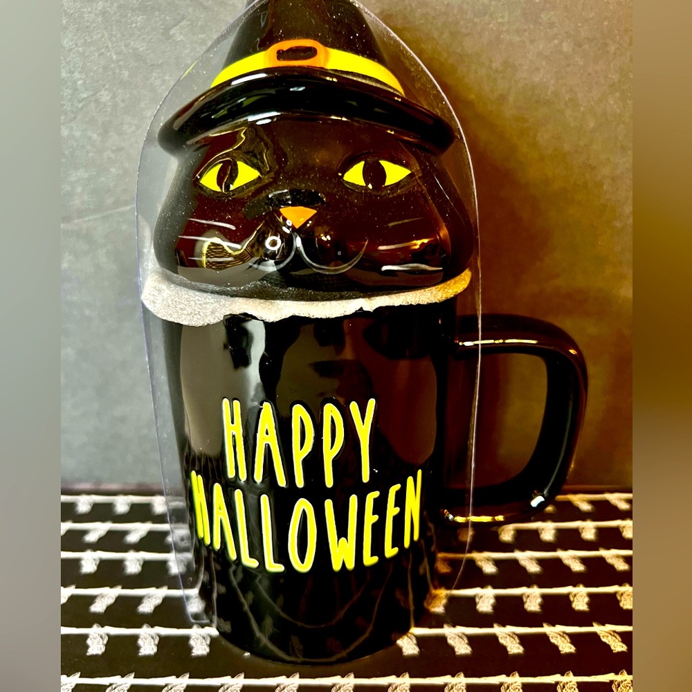 Happy Halloween Black Kitty Cat Mug with Green Eyed Cat Lid Witch Hat